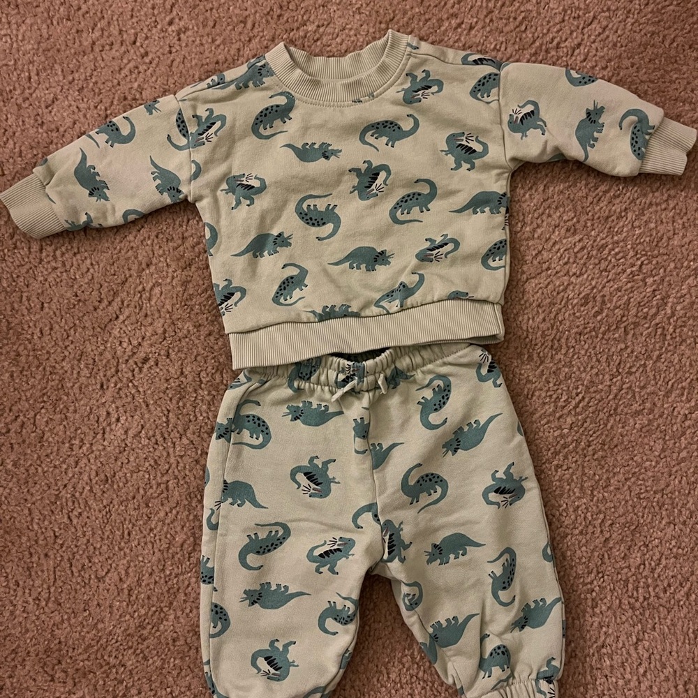 Hanna Andersson Green Dinosaur Baby Sweatshirt and Sweatpants Set